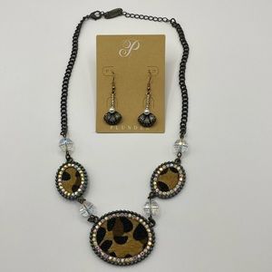 New Antiqued Leopard Rhinestone Statement Necklace and Earrings